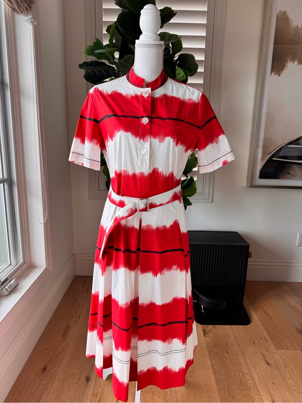 🎈Piazza Sempione Red and White Brushstroke Belted Midi Dress